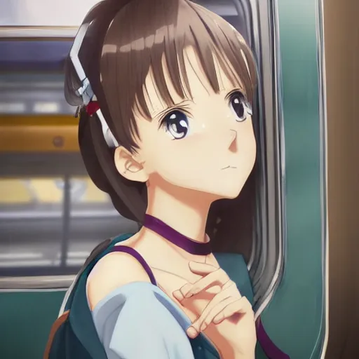 Image similar to portrait of the lone girl sitting in train carriage, anime fantasy illustration by tomoyuki yamasaki, kyoto studio, madhouse, ufotable, trending on artstation