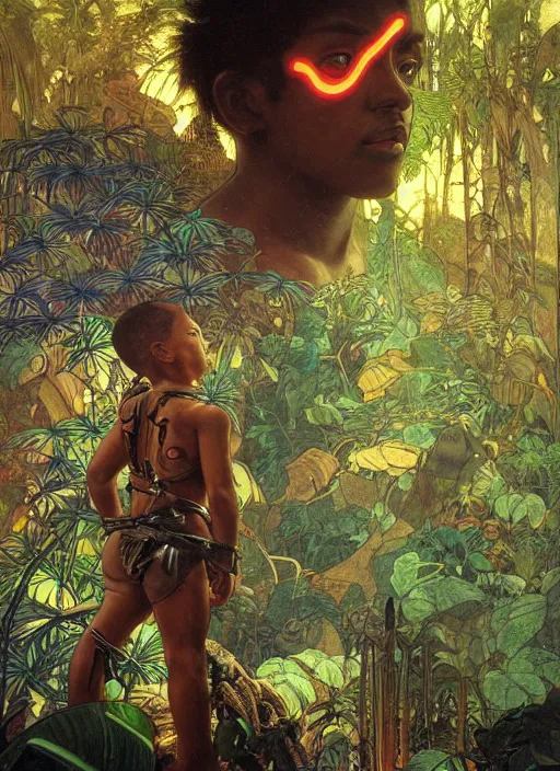 Image similar to portrait of a little epic cyborg warrior boy character with dark skin and a big robot tiger at his side in the middle of a lush jungle. diffuse neon light, dramatic landscape, fantasy illustration, matte painting by mucha