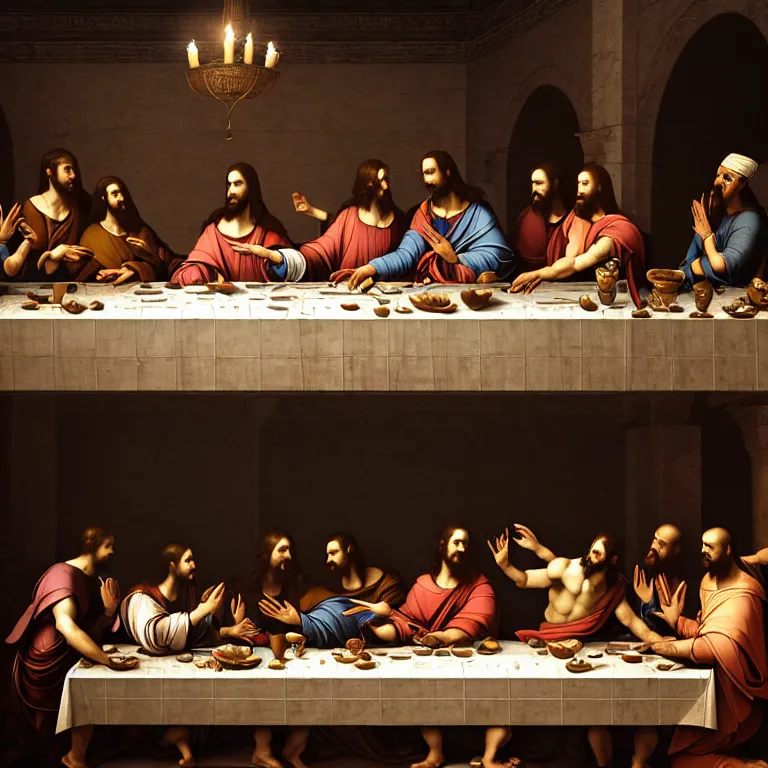 Image similar to The last supper in ancient egypt, dream-like atmosphere, symmetrical baroque painting, perfect composition, beautiful detailed intricate insanely detailed octane render trending on Artstation, 8K artistic photography, photorealistic, soft natural volumetric cinematic perfect light, chiaroscuro, award-winning photograph, masterpiece, Raphael, Caravaggio, Greg Rutkowski, Beeple