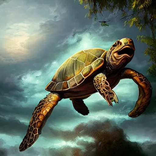 Prompt: kobe byrant riding on a turtle in heaven, amazing digital art, amazing detail, fantasy art, artstatiom, cgsociety, epic art