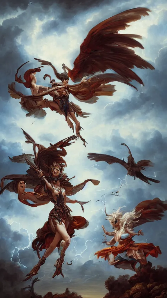 Image similar to an anatomical oil painting of a Harpy battling a knight from a medical journal by Peter Mohrbacher and Julie Bell, highly detailed, high detail, 8k, storm clouds, birds, dramatic lighting