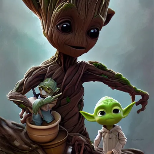 Image similar to Cute Elven baby Groot and Yoda by Greg Rutkowski and Pixar, asymmetrical, positive vibes, Organic Painting , Matte Painting, geometric shapes, hard edges, street art, trending on the artstation, realistic:2 by Sachin Teng:4