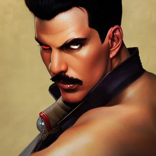 Image similar to ultra realistic freddy mercury from ryu from street fighter, portrait, 4 k, ultra realistic, detailed focused art by artgerm and greg rutkowski and alphonse mucha