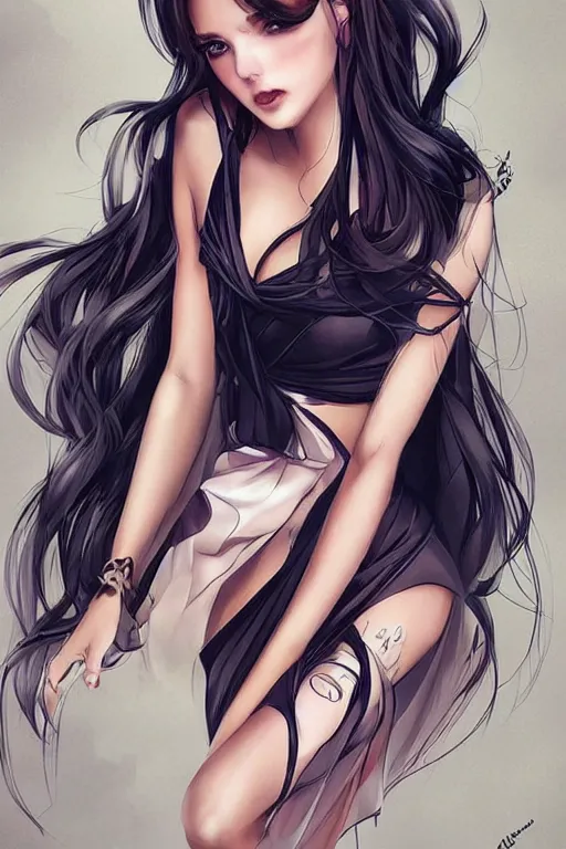 Image similar to Seductive and alluring bodycon dress in low skirt, by artgerm, WLOP and Ross Tran
