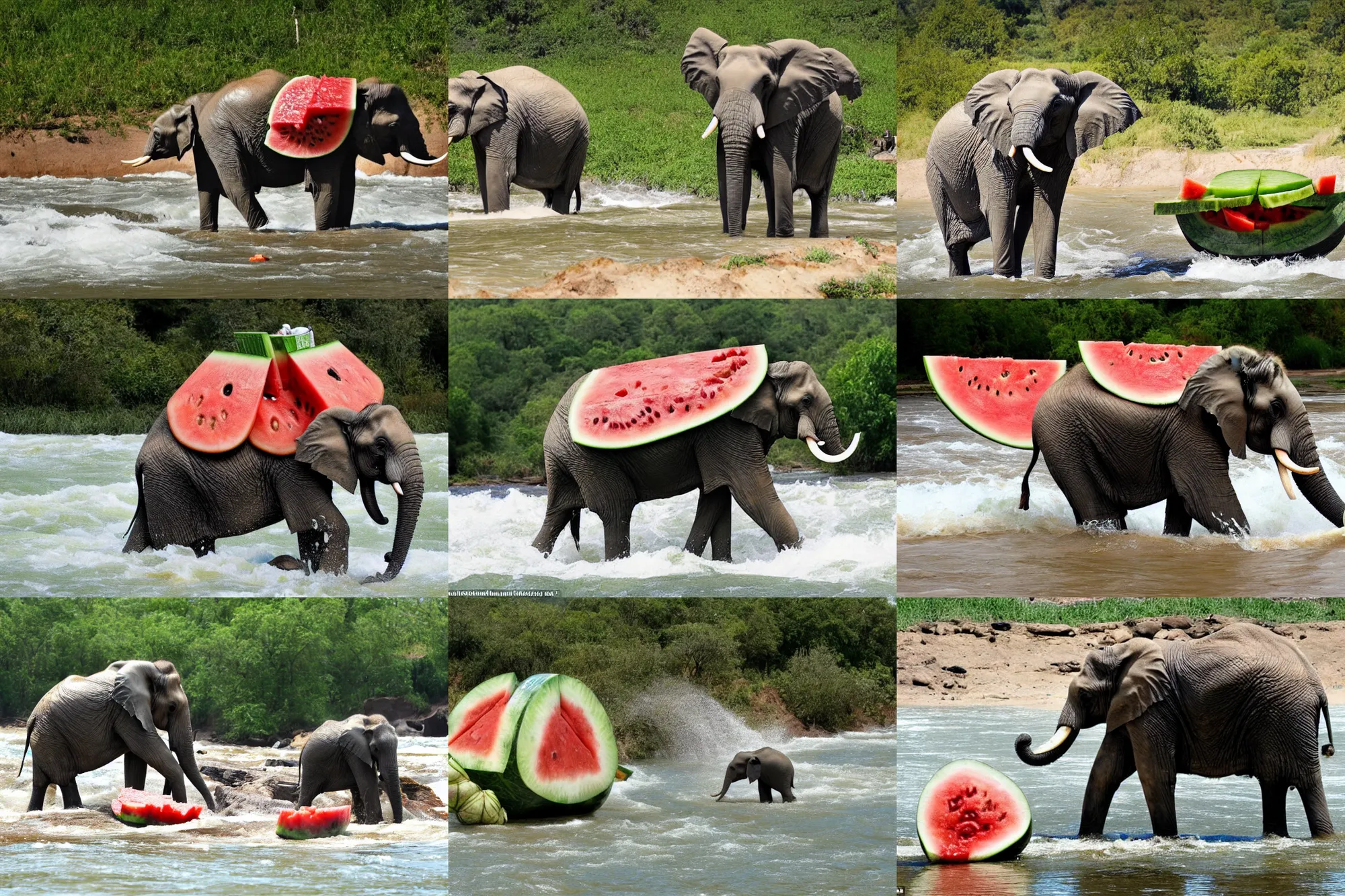 Image similar to an elephant sits in a crust from under a watermelon and floats on it along a river with white water