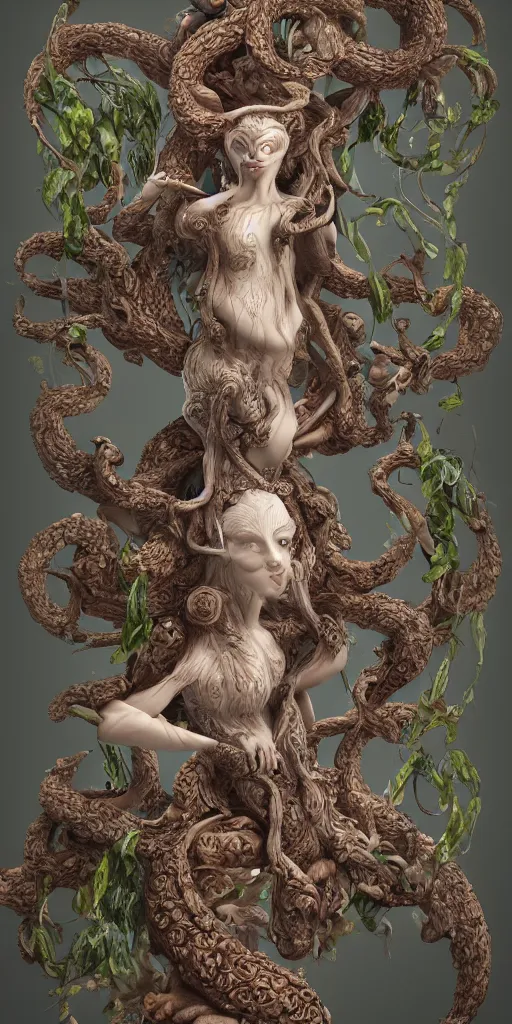 Image similar to a sculpture of mythical creatures by hannah yata, elegant female carved in wood and stone, leaves and vines, artstation, concept art, ambient occlusion, vray render,