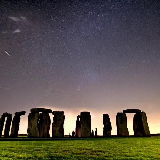 Prompt: a high - quality photo of the perseid meteor shower over stonehenge, long exposure, iso 1 6 0 0, astrophotography, f 2. 8