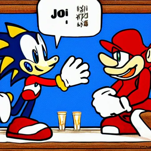 Image similar to sonic the hedgehog arm wrestling mario in a bar, jojo style by hirohiko araki