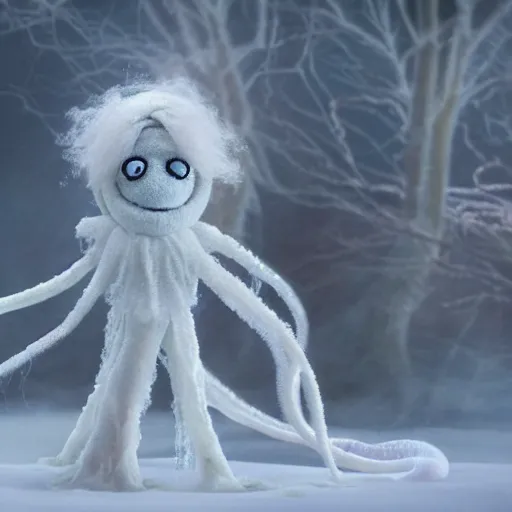 Prompt: an ethereal fluffy ghostly live action muppet wraith like figure with a squid like parasite latched onto its head and four long tentacle arms that flow lazily but gracefully at its sides like a cloak while it floats around a frozen rocky tundra in the snow searching for lost souls and that hides amongst the shadows in the trees, this character has hydrokinesis and electrokinesis is a real muppet by sesame street, photo realistic, real, realistic, felt, stopmotion, photography, sesame street