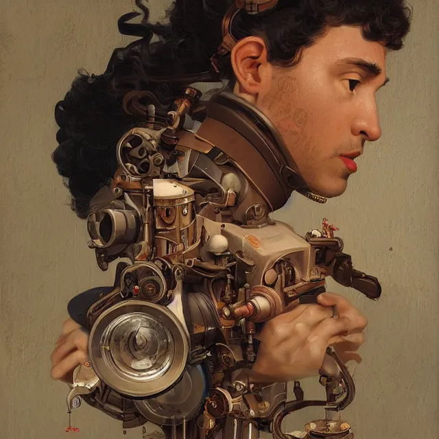 Image similar to mechanical artist painting a self - portrait on a canvas. intricate, highly detailed, digital matte painting, in the style of alexandros pyromallis, and in the style of sachin teng, and in the style of hans thoma, and in the style of gil elvgren. irony, recursion, inspiration.