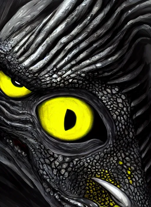 Image similar to closeup portrait of black dragon head with yellow eyes, ultra realistic, fantasy, magic, dnd,