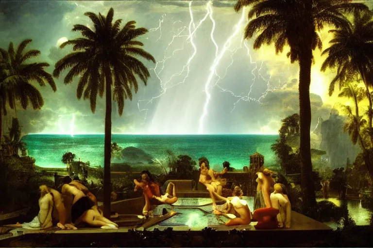 Image similar to Palace of the chalice, refracted sparkles, thunderstorm, greek pool, beach and Tropical vegetation on the background major arcana sky, by paul delaroche, hyperrealistic 4k uhd, award-winning, very detailed paradise