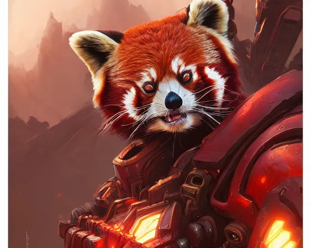 Image similar to red panda as a combat mech, deep focus, d & d, fantasy, intricate, elegant, highly detailed, digital painting, artstation, concept art, matte, sharp focus, illustration, hearthstone, art by artgerm and greg rutkowski and alphonse mucha