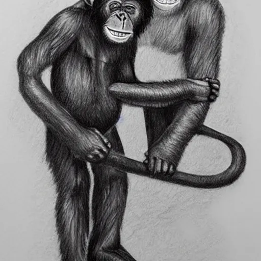 Image similar to pencil art, portait, highly detailed, epic, astronaut chimpanzee holding hands with a human astronaut.