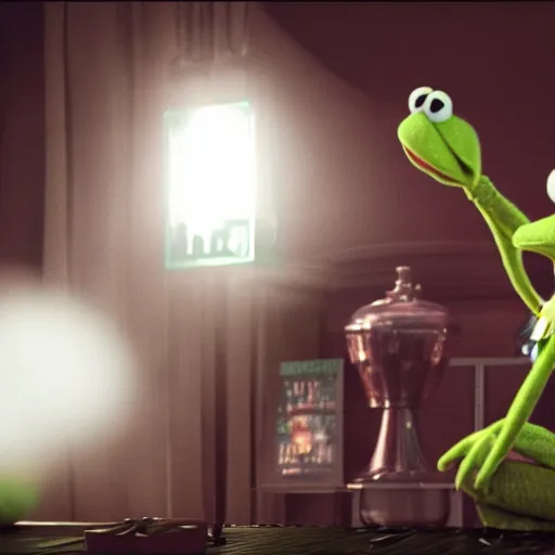 Image similar to a still of kermit the frog in avengers movie, cory volumetric light, detailed, octane render