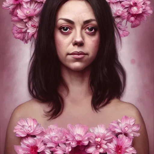 Image similar to pink petals with a ahape of a wonderful aubrey plaza and christina ricci and mila kunis and olivia newton john, intricate, elegant, highly detailed, wonderful eyes, sweet, digital painting, artstation, concept art, smooth, sharp focus, illustration, art by artgerm and greg rutkowski and alphonse mucha and william - adolphe bouguereau