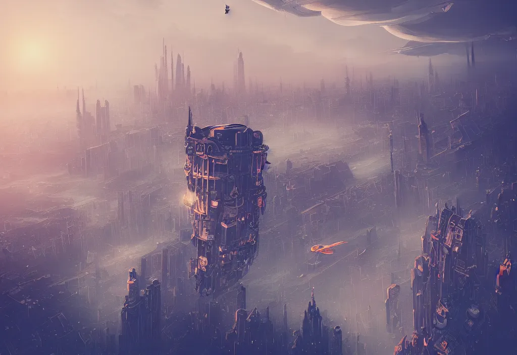Image similar to flying city by alena aenami, dragon roost, zeppelin dock, city flying in the air, mist below buildings, steampunk, digital art, 4 k, trending on artstation, epic composition, highly detailed, golden hour