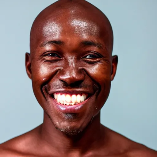 Prompt: photograph of a african person with japanese eyes and a grotesque smile