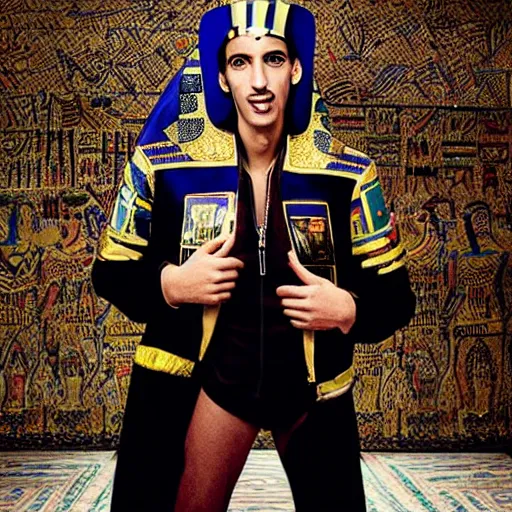 Prompt: A pharaoh wearing a varsity jacket, portrait, by Mario Testino, Stephane Sednaoui, Dario Argento