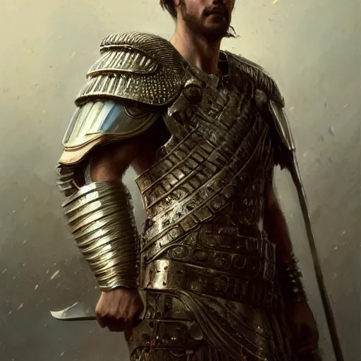 Image similar to a dramatic epic ethereal portrait of a Roman Phalanx, full body with dynamic pose, male, detailed face, cinematic lighting, highly detailed oil on canvas painting by Greg Rutkowski, winning-award digital art trending on Artstation H 1024 W 832