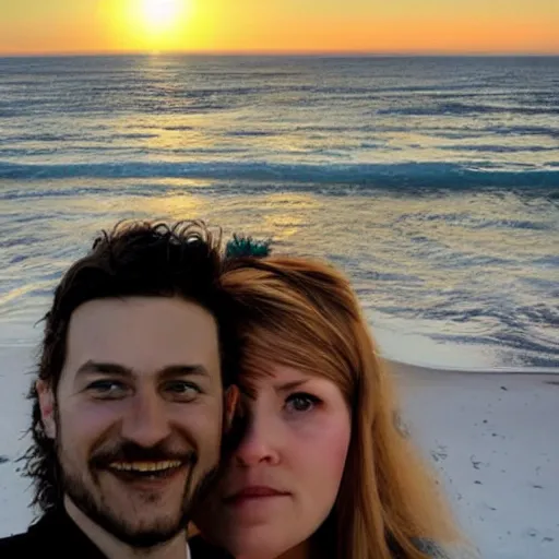 Image similar to cthulu photobombing a romantic selfie on a beach at sunset