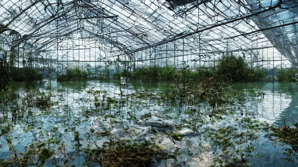 Prompt: exploring an abandoned flooded greenhouse, submerged in lake with aquatic life, hyperrealistic, ambient lighting highly detailed, 4 k hd