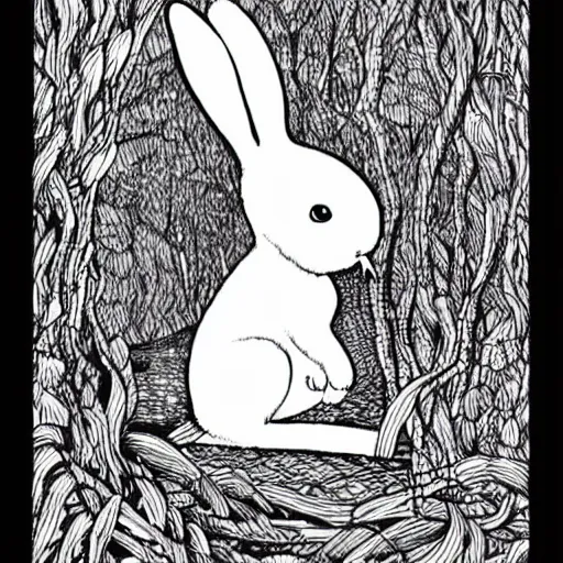 Image similar to precisely drawn, fine detailed, intense line work, drawing of a white bunny smoking a big cigarette in the deep tangled forest, by edward gorey, black ink on white paper