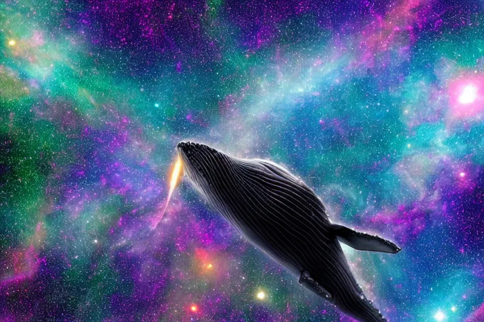 Image similar to a beautiful huge humpback whale blowing stardust while swimming through a colorful nebula in space