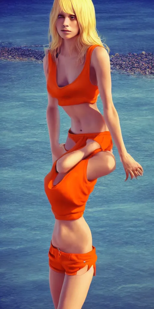 Image similar to a gorgeous woman with very long hip-length blonde hair, wearing a cut-off white top and orange cut-off shorts standing by the water, in the style of mario testino and annie liebovitz and artgerm and moebius, photorealistic, highly detailed, trending on artstation