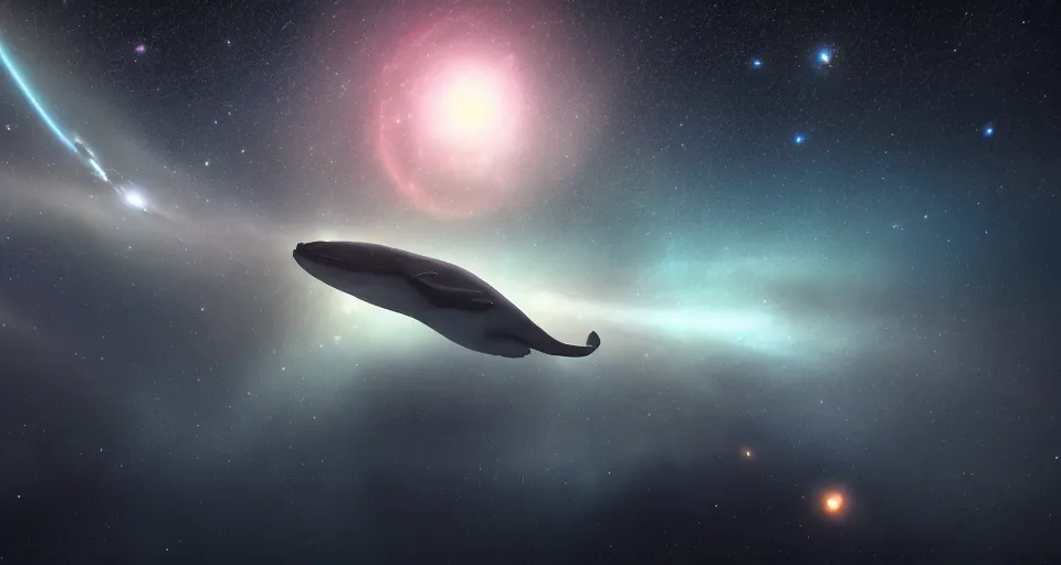 Image similar to high quality photo of big whale floating in dark beautiful space filled with stars, planets and galaxies, photorealism, 8k, rendered by unreal engine