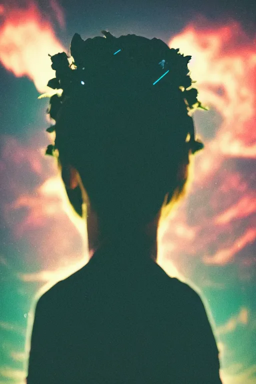 Image similar to agfa vista 4 0 0 photograph of a meso american guy on a spaceship, ancient yet futuristic, synth vibe, vaporwave colors, lens flare, flower crown, back view, moody lighting, moody vibe, telephoto, 9 0 s vibe, blurry background, grain, tranquil, calm, faded!,