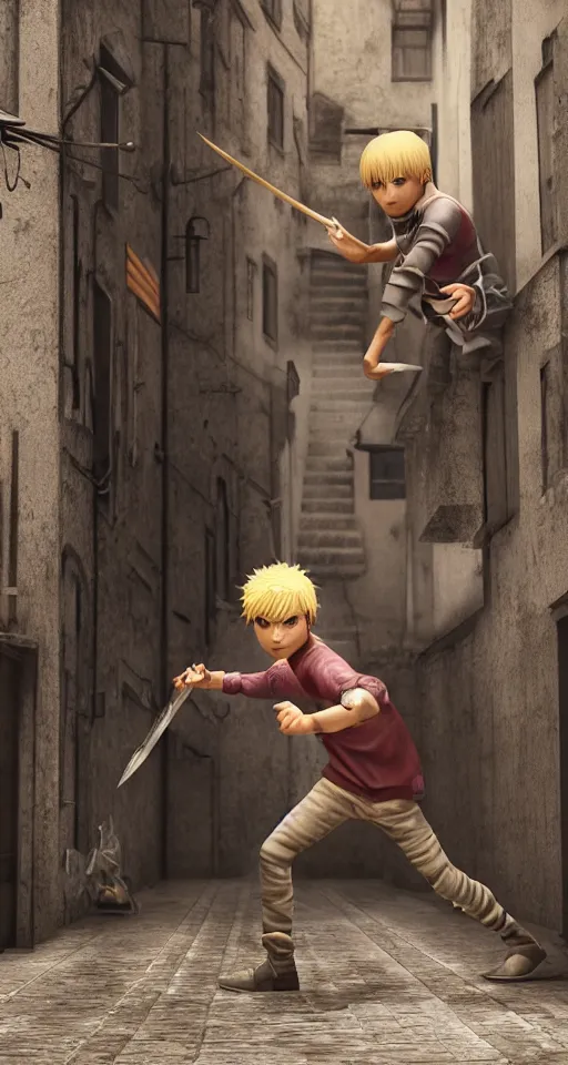 Image similar to A young blonde boy thief with daggers fighting in an alleyway , octane render, high detail, photorealistic, High details,4k