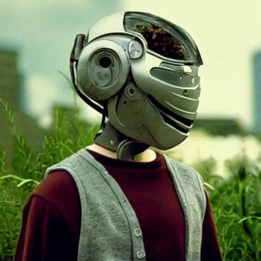 Prompt: movie still of a boy with a cyborg plants flowers helmet, cinematic composition, cinematic light, by edgar wright and david lynch