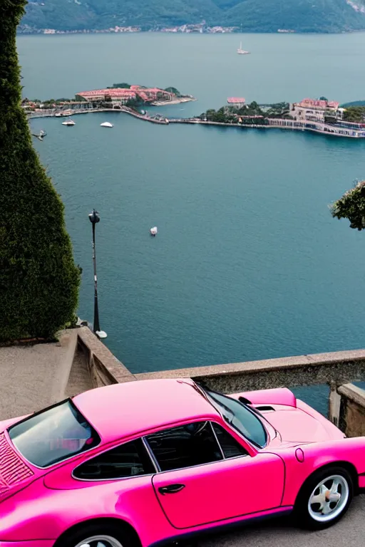 Prompt: Poster Photo of a pink Porsche 911 Carrera 3.2 parked on a dock with Lake Como in the background, wide shot, photo print, golden hour, daylight, vibrant, volumetric lighting, award winning