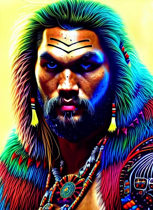 Image similar to portrait of jason momoa, hyper detailed ultra sharp aztec shaman warrior. trending on artstation, warpaint aesthetic, bloodwave, colorful, psychedelic, ornate, intricate, digital painting, concept art, smooth, sharp focus, illustration, art by artgerm and greg rutkowski and h. r. giger, 8 k