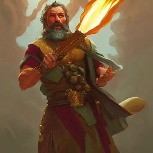 Prompt: Smattas, olive-skinned, bearded manly god of justice, with a flaming sword, D&D, highly detailed, digital painting, artstation, concept art, sharp focus, illustration, cinematic lighting, art by artgerm and greg rutkowski and alphonse mucha