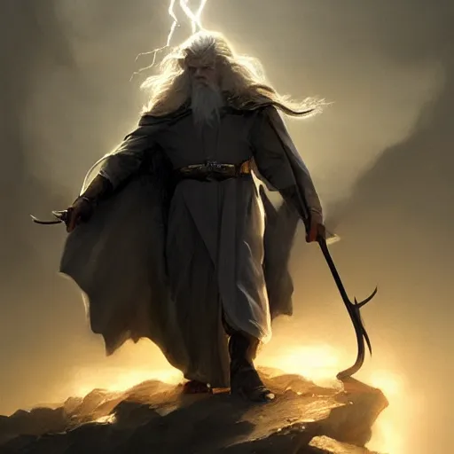 Image similar to gandalf casts a lightningbolt, dramatic lighting, chiaroscuro, high detail, painted by greg rutkowski, painted by igor kieryluk, painted by bobby chiu, trending on artstation