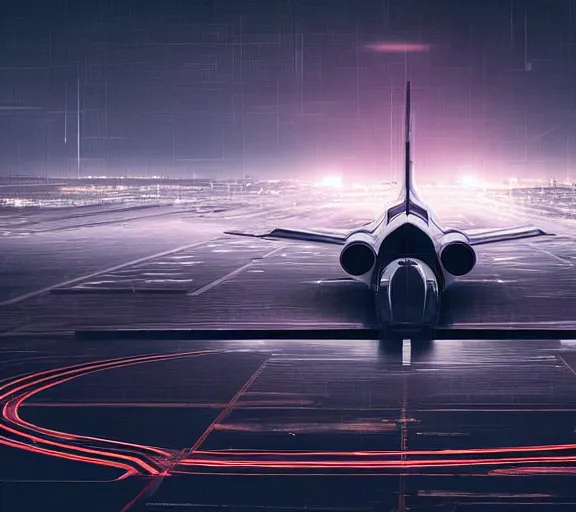 Prompt: futuristic sci fi jet plane lands at runway of cyberpunk airport,night photo ,dark cinematic lighting , digital concept art