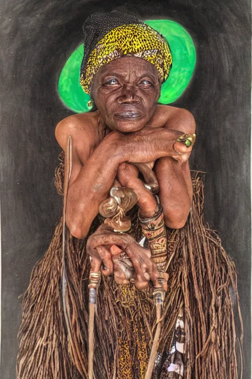 Image similar to a realistic portrait of a bewitching african witch in her home