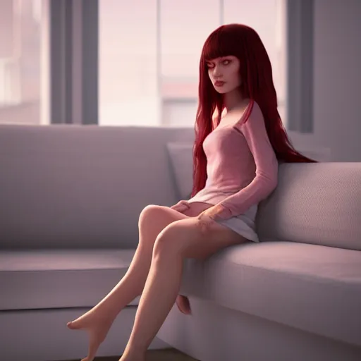 Image similar to 3 d render of a cute thin young woman, red blush, wearing casual clothes, small smile, relaxing on a couch, cozy under a blanket, cozy living room, medium shot, 8 k, octane render, trending on artstation, art by artgerm, unreal engine 5, hyperrealism, hyperdetailed, ultra realistic