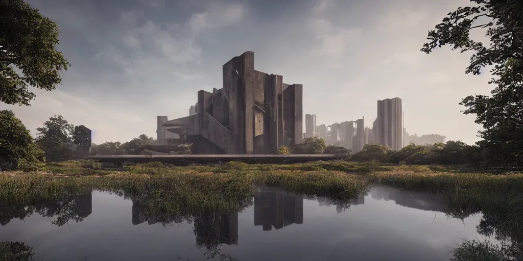 Image similar to an extremely detailed cathedral of brutalist architecture, surrounded by lush green forest, ponds of water, stunning volumetric lighting, sunset, rusted steel, smooth concrete, stunning skies, trending on Artstation, 8k, photorealistic, hyper detailed, unreal engine 5, IMAX quality, cinematic, epic lighting, in the style of Greg Rutkowski