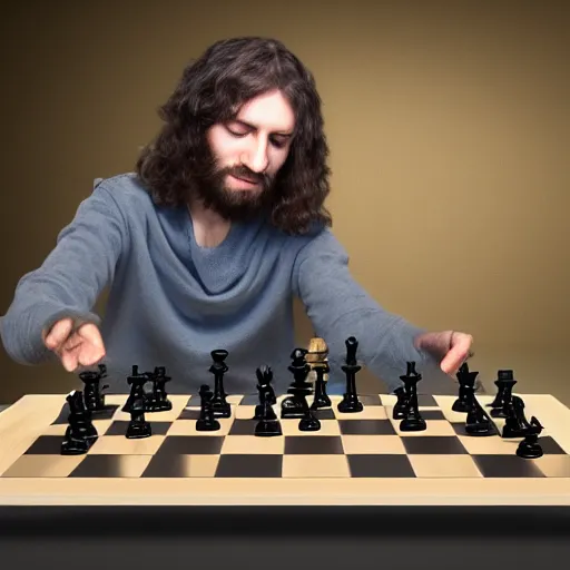 Prompt: A long haired man plays chess with a robot, hyper realistic, HD, HQ, photo realistic