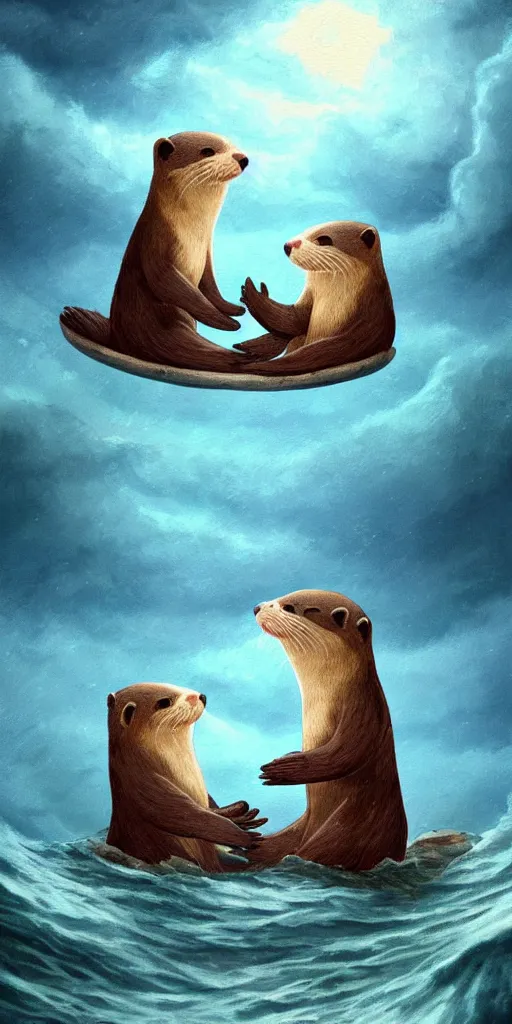 Image similar to adorable otters falling in love holding hands side by side, all alone in the middle of a scary storm at sea, fantasy illustration, cinematic, award winning, romantic, detailed trending on artstation, masterpiece