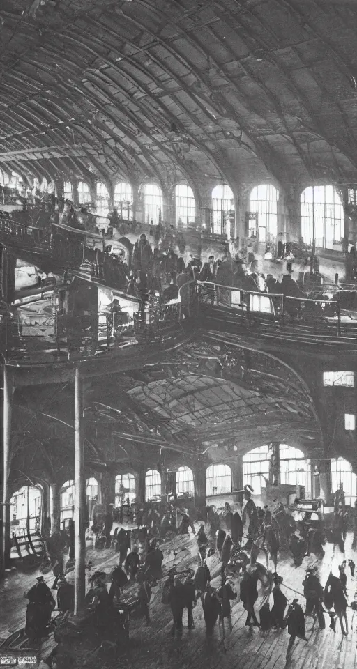 Image similar to interior of a victorian steanpunk railway station, people everywhere, luggage, wires and junk, atmospheric, dramatic architecture