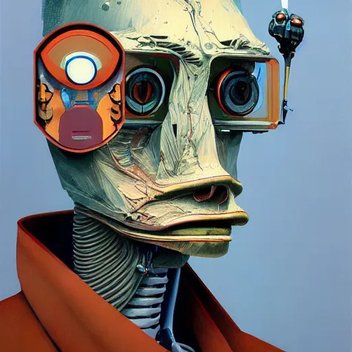 Image similar to Portrait of an artificial intelligence robot,highly detailed, very coherent, painted by Francis Bacon and Edward Hopper, Wayne Barlowe, painted by James Gilleard, surrealism, airbrush, art by JamesJean