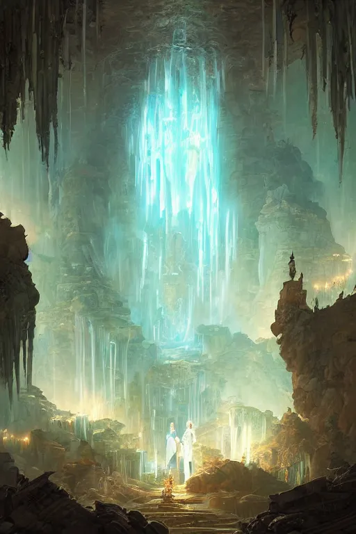 Image similar to Detailed Interior of Temple Ruins, Cascading Waterfalls, light of god, light shafts, candles, stunning atmosphere, in Style of Peter Mohrbacher, cinematic lighting