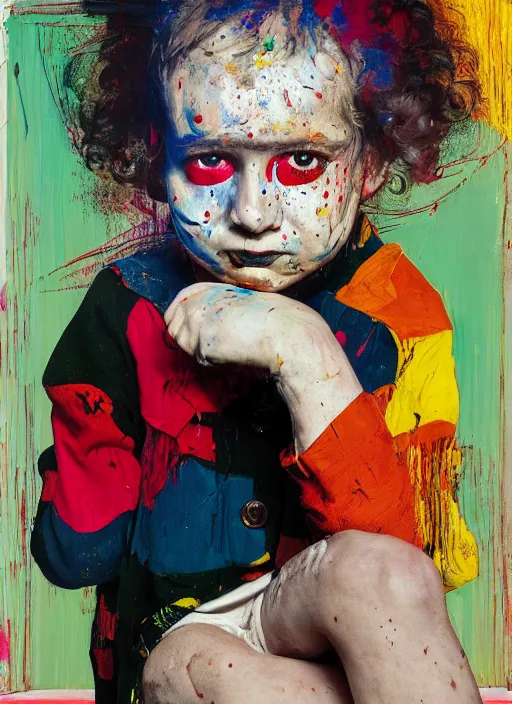 Image similar to portrait of a child harlequin sitting on a stool, by vincent lefevre and hernan bas and pat steir and hilma af klint, psychological, photorealistic, symmetrical face, dripping paint, washy brush, threads, rendered in octane, altermodern, masterpiece