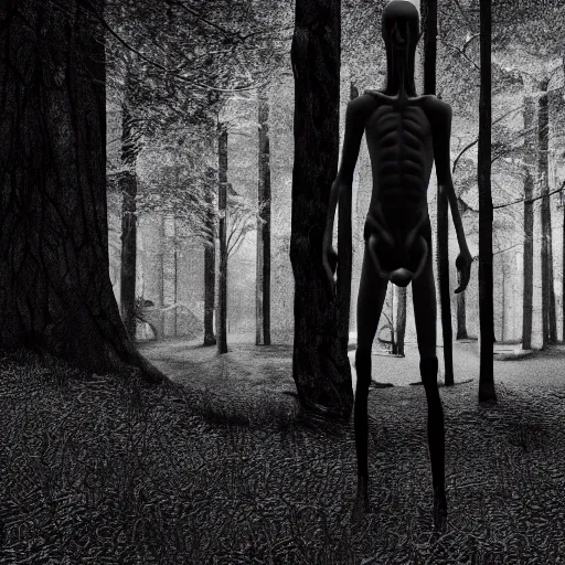 Prompt: photorealistic detailed tall skinny humanoid creature in a dark forest at night, extremly detailed, black and white, 8 k, realistic, sharp focus