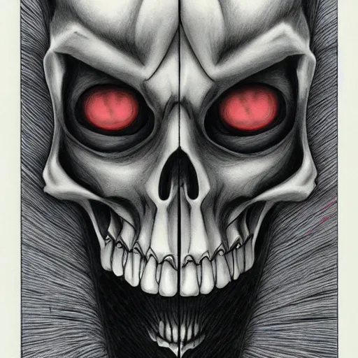 Image similar to A anime still of a grim reaper by Takeshi Obata, skeleton face symmetrical face,pencil art on paper