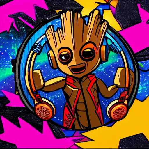 Image similar to svg sticker of a Pop-Wonder Groot-Marvel-Avenger at a rave, spinning records, giant headphones rocking out, wearing headphones, huge speakers, dancing, rave, DJ, spinning records, digital art, amazing composition, rule-of-thirds, award-winning, trending on artstation, featured on deviantart